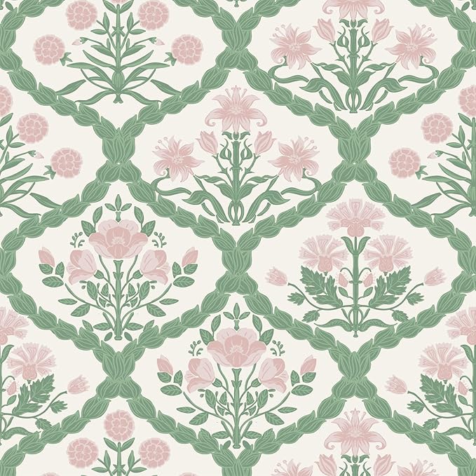 17.3" x 590.5" Pink Peel and Stick Wallpaper, Rattan Weaving Floral Wallpaper Farmhouse Wall Paper Morris Style Removable Self Adhesive Bathroom Bedroom Thicken by LUKUUI
