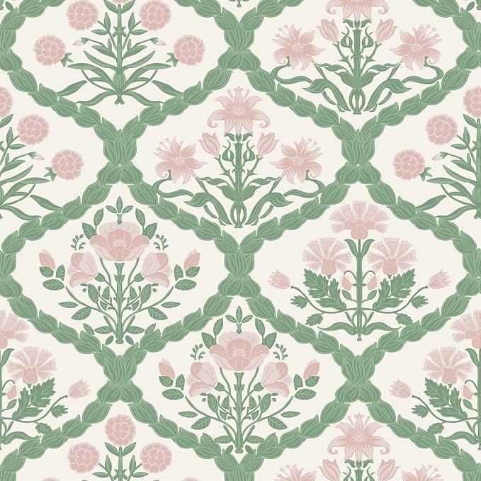 Pink Floral Peel and Stick Wallpaper Vintage Wall Paper Boho Pink Floral Damask Wallpaper for Bedroom Decorative Self Adhesive Shelf Drawer Liner 17.3" x 78.7" by LUKUUI