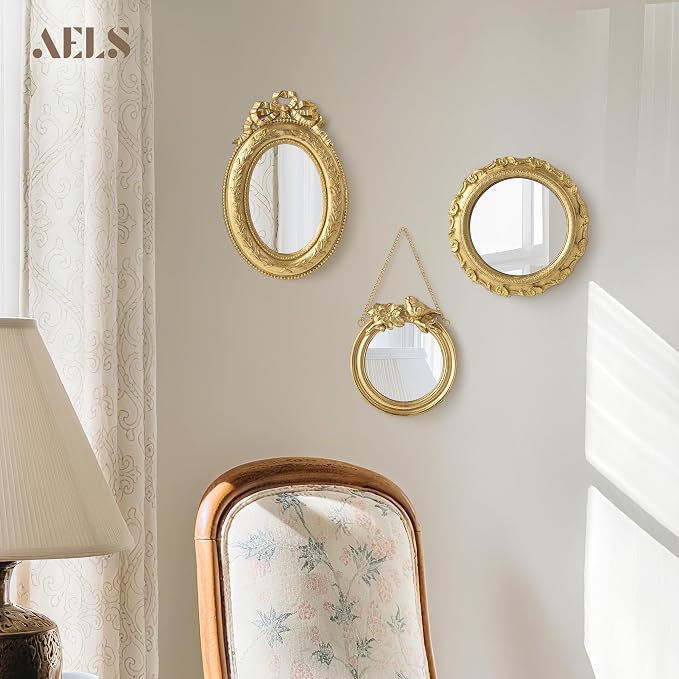 AELS 3 Pack Small Antique Gold Mirror Wall Decor, Wall Hanging Mirror, Luxury Home Decor, Vintage Wall Mirror, Small Decorative Mirrors for Living Room Entryway Bedroom, Bird Bow - Image 2