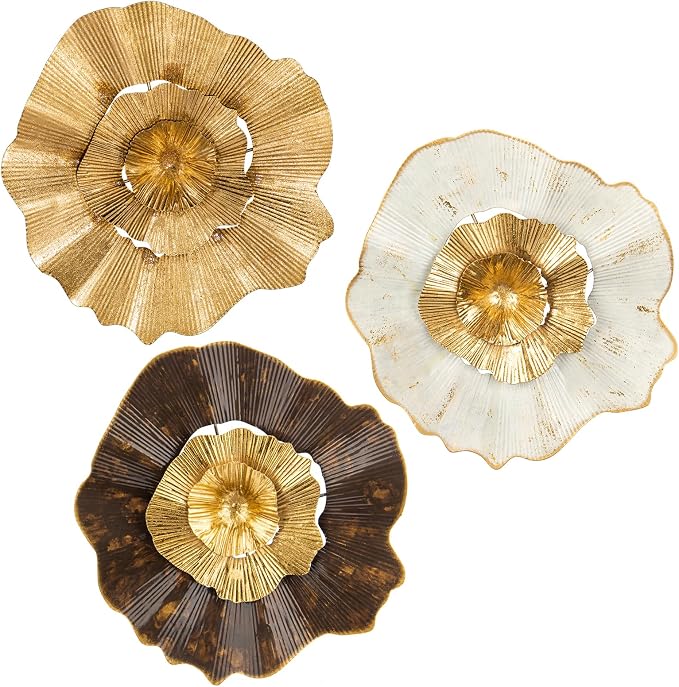 Briful 12" Gold Wall Décor Pack of 3 Metal Flower Plate Wall Art Modern Accent Hanging Wall Decorations For Home Office Bedroom Or Living Room Wall Sculptures by Briful