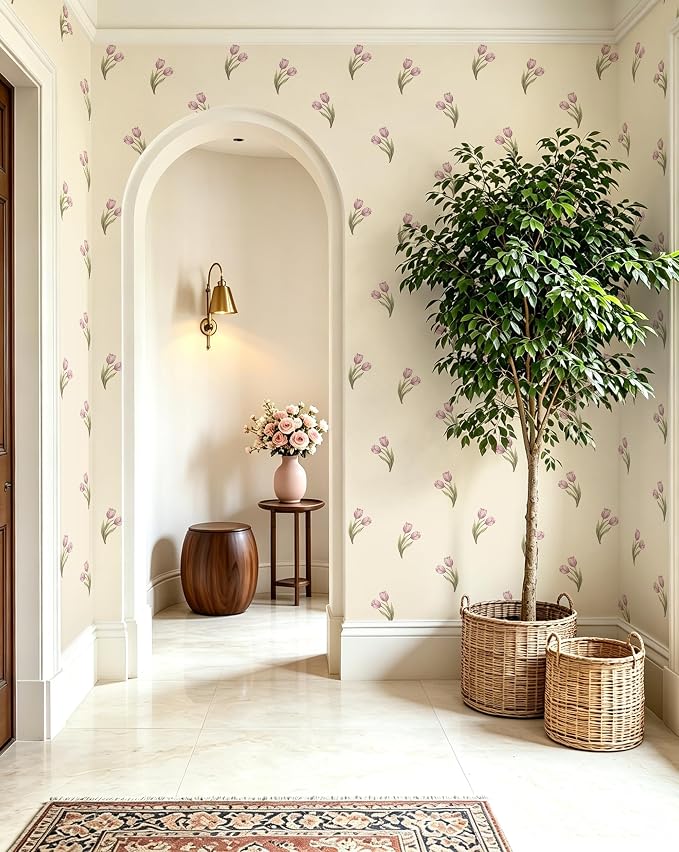Safiyya Vintage Floral Peel and Stick Wallpaper Retro Tulip Flower for Gilrs Room Contact Paper for Cabinets Self Adheisve Removable Wallpaper for Bedroom Accent Wall 17.3''x78.7'' - Image 8
