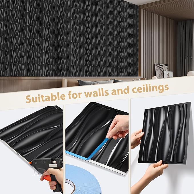 Heikki 30 Pack 3D Wall Panel for Interior Wall Décor, PVC Flower Textured Wall Panels for Living Room Bedroom Hotel Office, 11.8"x11.8", Double-Sided Tape (Black-SP) - Image 3