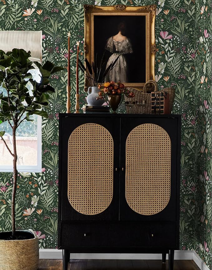 Fititem Green Floral Peel and Stick Wallpaper Boho Dark Vintage 17.3”×787” | Floral Self Adhesive Contact Paper Botanical Nature Removable Wildflower Wallpaper Waterproof Wallpaper for Bathroom Bedroom - Image 8