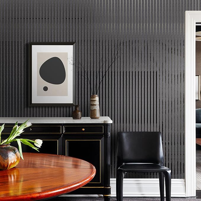 Black Metallic Peel and Stick Wallpaper Glossy Stripe Texture Wall Panels | 23.62" x 110.24" 2mm Thick Modern Embossed Vinyl Roll Waterproof Renter Friendly for Livingroom Bedroom Kitchen Backsplash - Image 3