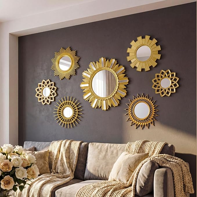 Gerrii 7 Pcs Gold Sunburst Mirror for Wall Decorative Gold Mirrors for Wall Decor Vintage Mirror Sets Hanging Round Decorative Mirrors Accessories for Art Entryway Living Room Home Decor Art Gifts - Image 4