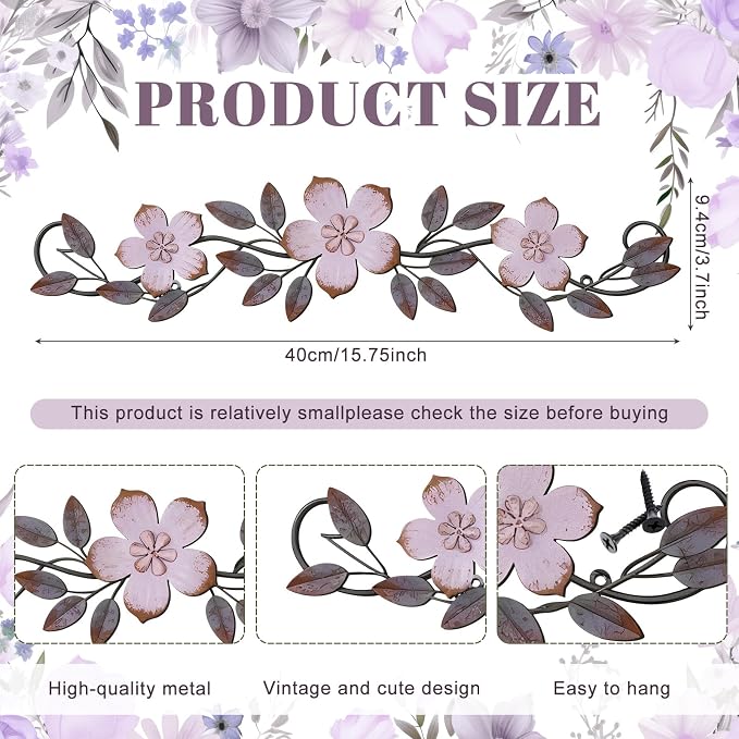 Wesiti Metal Flower Wall Decor Wrought Iron Scroll 15.7x3.7,Purple | Vintage Metal Flower decor,Farmhouse Leaf Art with Nails, Flat Not 3D Design, For Bedroom Kitchen Indoor Outdoor Wall Decor - Image 2
