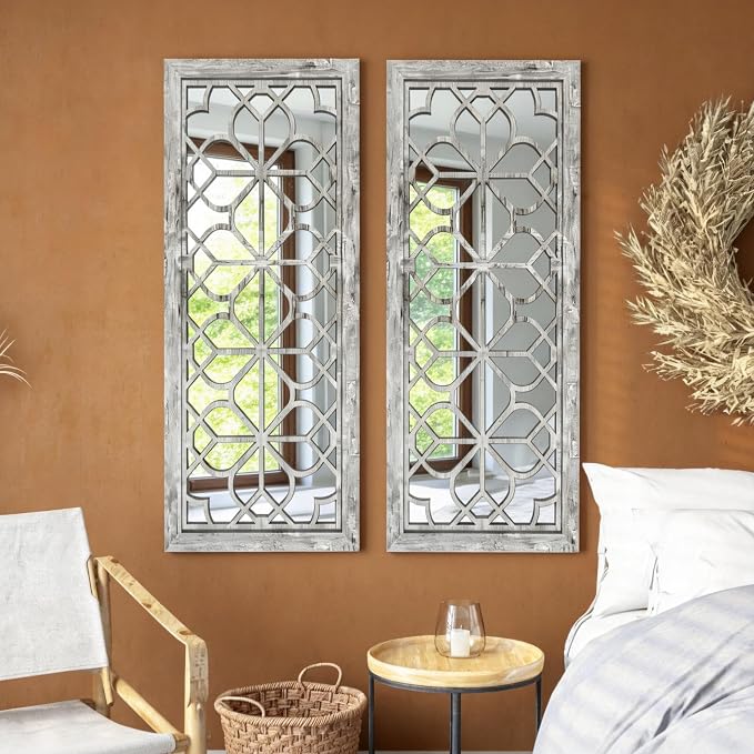 Set of 2 13x30 Inch Large Grey Shatterproof Carved Floral Wood Frame Wall Mirrors, Boho Farmhouse Rustic Accent Mirrors for Living Room Bedroom Bathroom & Home Decor - Image 3