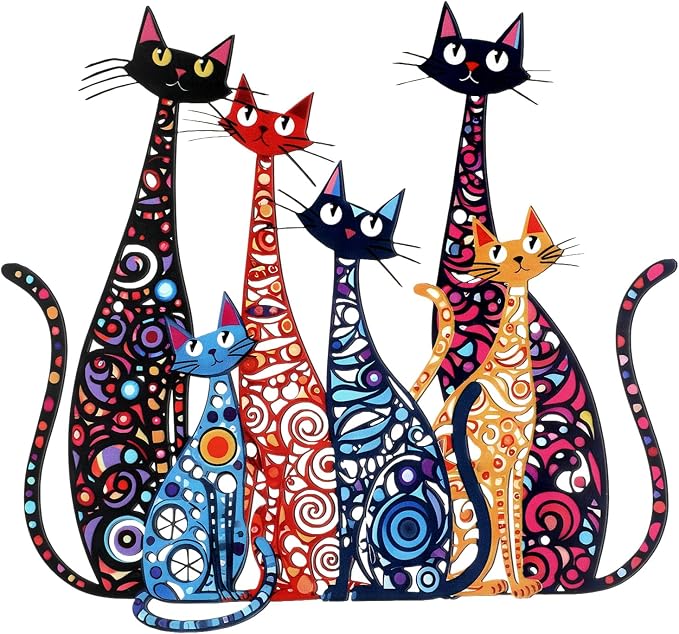 Wesiti Cat Wall Art Iron Sculptures 12x10 Inches Colorful Retro Mid Century | Metal Sign for Cat Lovers, Home Decor in Living Room Bedroom Kitchen Office, Elevated Artistic Design, Vibrant Patterns by Unteilti