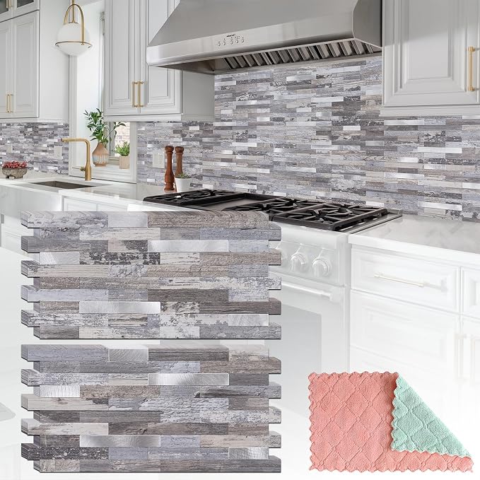 StyloVue 20 Sheets Peel and Stick Backsplash, Distressed Wood with Metal Silver Self Adhesive Wall Tiles Upgrade Your Kitchen Backsplash, RV, Fireplace by StyloVue