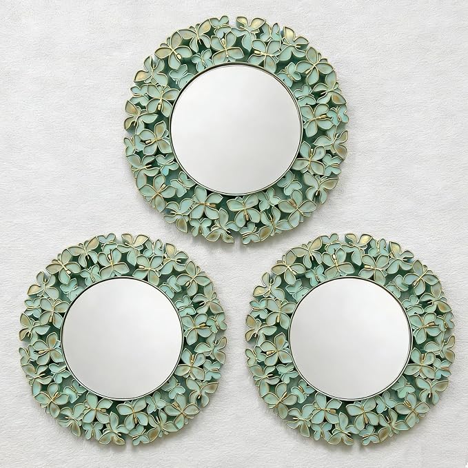 DXYAKY 3 Pack Floral Ornate Decorative Wall Mirror - Elegant Mint Green with Gold Accents, 9.8" Plastic Round Mirror Set, Lightweight Wall Art Décor for Bedroom, Bathroom, Living Room & Entryway by DXYAKY