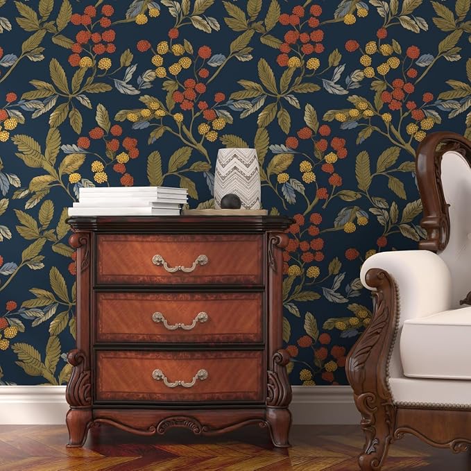 Laatse Navy Floral Leaf Vintage Green Wallpaper Peel and Stick 17.5"x393.7" | Self Adhesive/Removable/Waterproof/Thick Vinyl Contact Paper for Bathroom Bedroom Shelf Cabinet Drawer,Prepasted,Easy Peel - Image 3