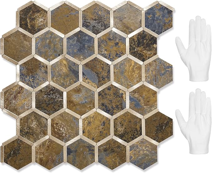 STICKGOO Hexagon Peel and Stick Backsplash Tile, Stick on Backsplash for Kitchen and Bathroom, Rust Slate Look PVC Mixed Metal Gold Self Adhesive Metal Mosaic Tiles(10 Sheets, Seamless) by STICKGOO