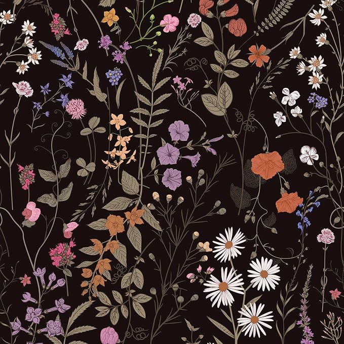 JiffDiff Floral Wallpaper Peel and Stick- 473" x 17.3" Farm Wildwood Daisy Flower Wall Paper Stick On Wallpaper Dark Floral Self Adhesive Contact Paper (Timeless) by wallpaper