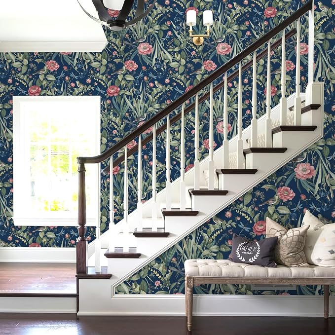 Navy Bird and Floral Peel and Stick Wallpaper Vintage 17in x 118in | Flower Contact Paper Vintage Floral Wallpaper Boho Self Adhesive Waterproof Wall Paper Botanical Removable Decorative Vinyl - Image 7