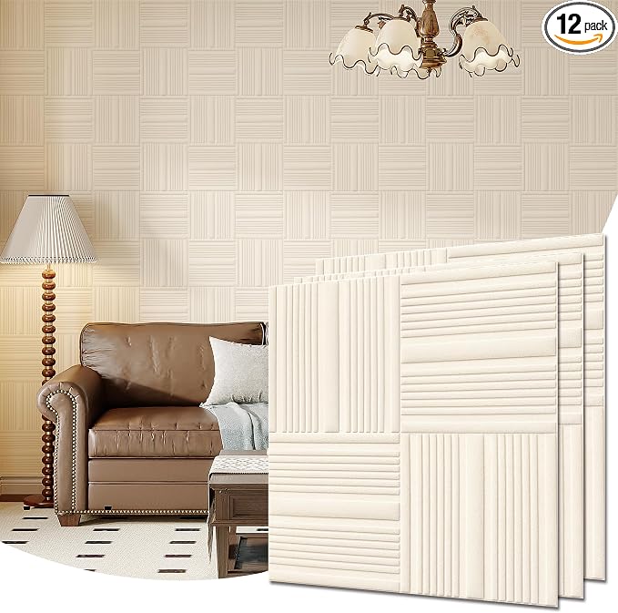 Velvet 3d wall panels for Interior wall Decor peel and stick, Soundproof Geometric Textured 3d Wall Panels for Living Room, Bedroom, TV Background Cream White 17.7" x 17.7", Cover 26.15 Sq.Ft by Unknown