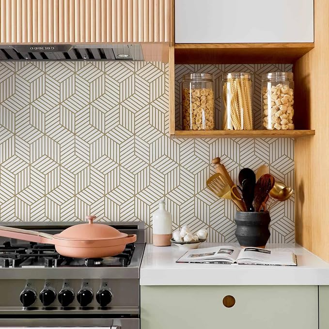 MelunMer Geometric Contact Paper Peel and Stick Wallpaper Gold 17.7”×512” | Self Adhesive, Removable Wallpaper for Bedroom/Bathroom Waterproof, Modern Contact Paper for Cabinets Liner Easy to Install - Image 5