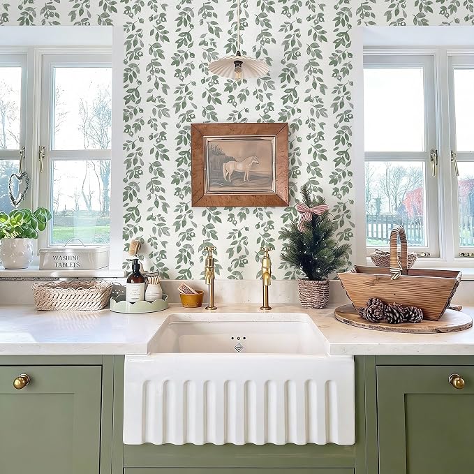 Ismoon Green Wallpaper Peel and Stick Vintage Wallpaper 17.3in x 32.8ft Green Leaf Contact Paper Vintage Cottage Wall Paper for Bedroom Bathroom Kitchen Nursery Removable Vinyl - Image 4