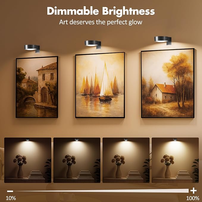 Picture Lights for Wall, Wireless Poster Lights Battery Operated, Black | LED Magnetic Painting Light with Remote Dimmable, Timer＆3 Lighting Modes, Art Display Puck Light for Frame Portrait, 3 Pack - Image 3