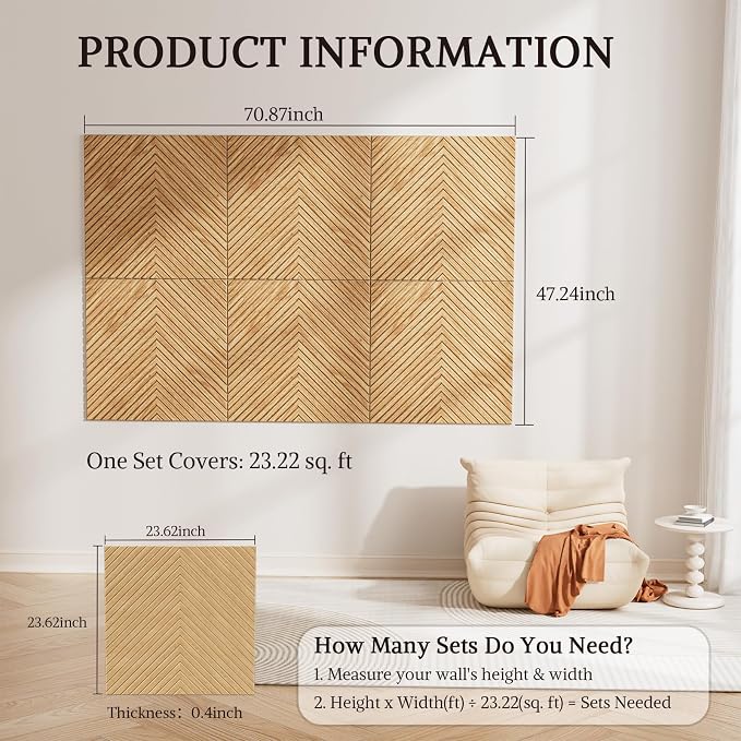 Acoustic Wall Panels, 6 Piece 23.62" X 23.62" Peel and Stick Wall Panels | High-Density Polyester Fiber Self Adhesive Soundproofing for Interior Wall Décor, Timber Vee Herringbone - Image 2