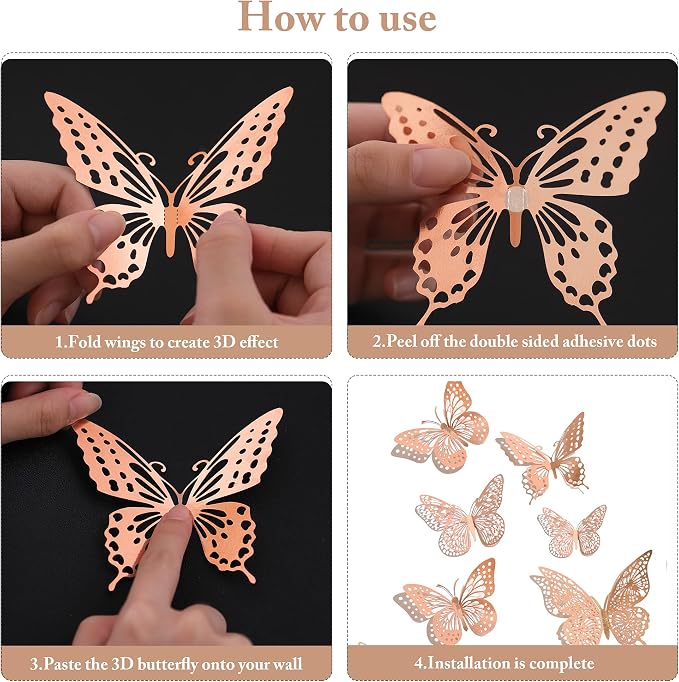 SAOROPEB 3D Butterfly Wall Decor, 48 Pcs 4 Styles 3 Sizes, Removable Metallic Wall Sticker Room Mural Decals for Kids Bedroom Nursery Classroom Party Decoration Wedding Decor DIY Gift (Rose Gold) | 4 Styles 3 Sizes, Removable Metallic Wall Sticker Room... - Image 6