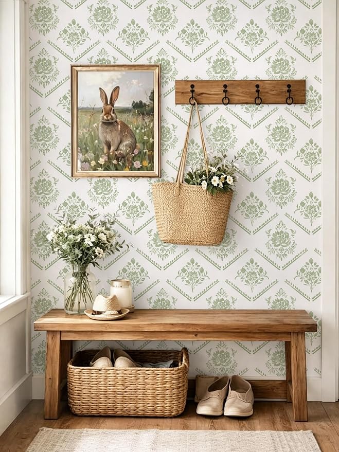 Ismoon Boho Floral Peel and Stick Wallpaper Sage Green for Vintage Bedroom | Renter Friendly Self Adhesive Removable Textured Contact Paper Botanical Wall Paper Vinyl for Bathroom Decor 17.3 X 78.7in - Image 9