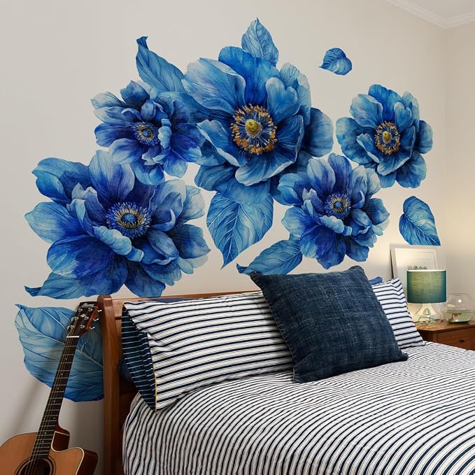 Runtoo Large Peony Flower Wall Art Decals 3D Boho Fabric Blue Floral Wall Mural Stickers for Girls Bedroom Living Room Office Home Backdrop Decor - Image 2