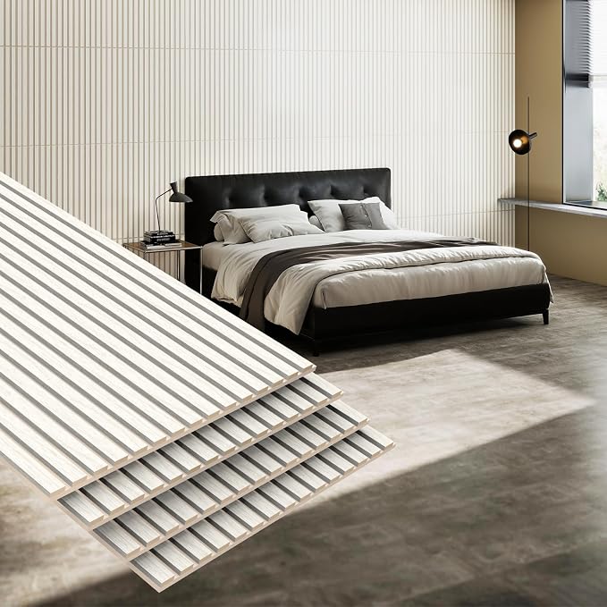MISSDAY Wood Slat Acoustic Wall Panels, 4 Packs 47.2" x 23.6" White Soundproof Panel For Interior Wall Decor Noise Absorbing-3D Textured Wooden Panel Sound-Absorbing for Home, Office, Studio by MISSDAY