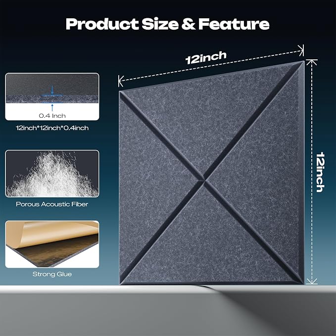 Sonicism 12 Pack X-Lined Acoustic Panels with Self-Adhesive, 12"X 12"X 0.4" Sound Proof Foam Panels, Decorative Soundproof Wall Panels, Sound Absorbing Tile for Home & Offices, Moonlight Gray - Image 2