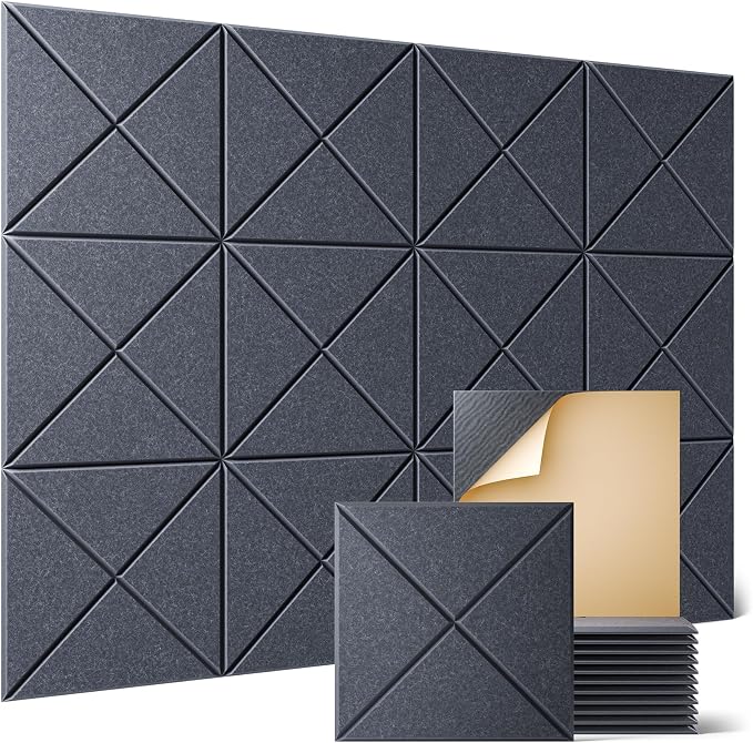 Sonicism 12 Pack X-Lined Acoustic Panels with Self-Adhesive, 12"X 12"X 0.4" Sound Proof Foam Panels, Decorative Soundproof Wall Panels, Sound Absorbing Tile for Home & Offices, Moonlight Gray by Sonicism