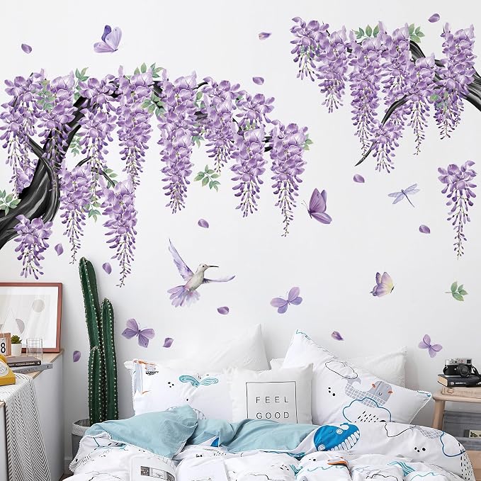 Amaonm 65x42 Inch Large Watercolor Black Tree Branch Wall Decals Peel & Stick Wall Stickers with Purple Flowers Vines, Butterflies & Birds, DIY Removable Wall Art for Living Room, Nursery Decor - Image 4