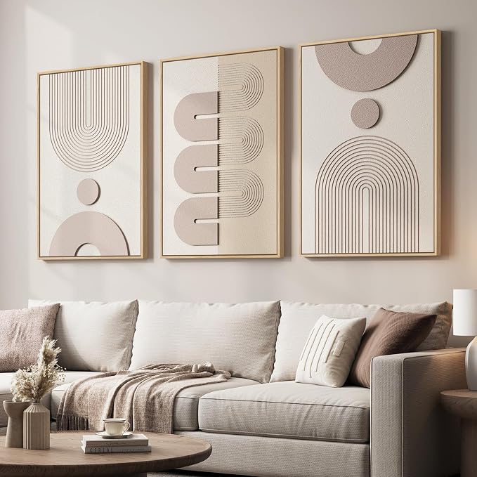 3D Large Framed Boho Neutral Abstract Wall Art for Living Room, 3 Piece | Solid Wood Frame, Textured Paintings, Beige Geometric Sculptural Artwork, 24x36 In Pictures Wall Decor Bedroom Office by Cuspin