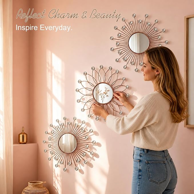 3 Pack Metal Mirrors for Wall Sunburst Wall Mirrors Home Décor Decorative Hanging Wall Art for Living Room Bedroom Entryway (Rose Gold2 Crystal, Flower+Sunburst) - Image 3