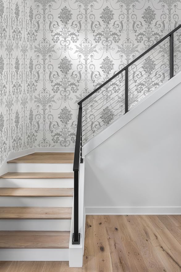 Silver Gray Removable Wallpaper Damascus Floral Peel and Stick Wallpaper | 17.3" X 197" Boho Grey Flower Contact Paper Self Adhesive Wallpaper Damask Floral Decorative Wallpaper for Bedroom Covering - Image 7