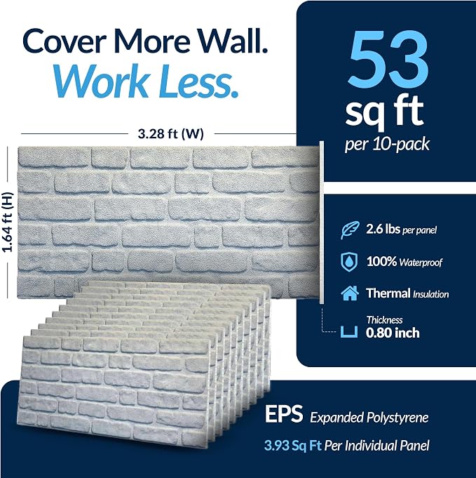 Dundee Deco 3D Wall Panels Faux Brick - Cladding, White Stone Look Wall Paneling, Styrofoam Facing for Living Room, Kitchen, Bathroom, Balcony, Bedroom, Set of 10, Covers 53 sq ft - Image 7
