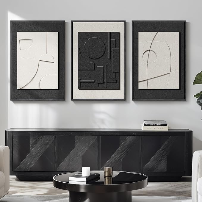 Large Framed Black and White Modern 3D Abstract Wall Art for Living Room | Solid wood frame, Textured paintings, 3 piece 24x36 big size artwork, Minimalist pictures wall decor for bedroom or office - Image 5