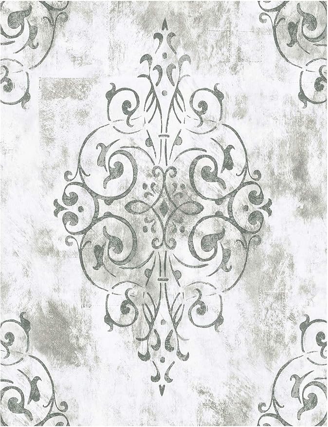HAOKHOME White Gray Damask Peel and Stick Wallpaper Vintage Victorian | Textured Removable Wall Paper Victorian Farmhouse French Country Waterproof Neutral Brown Bathroom Bedroom 17.3in x 9.8ft by HAOKHOME