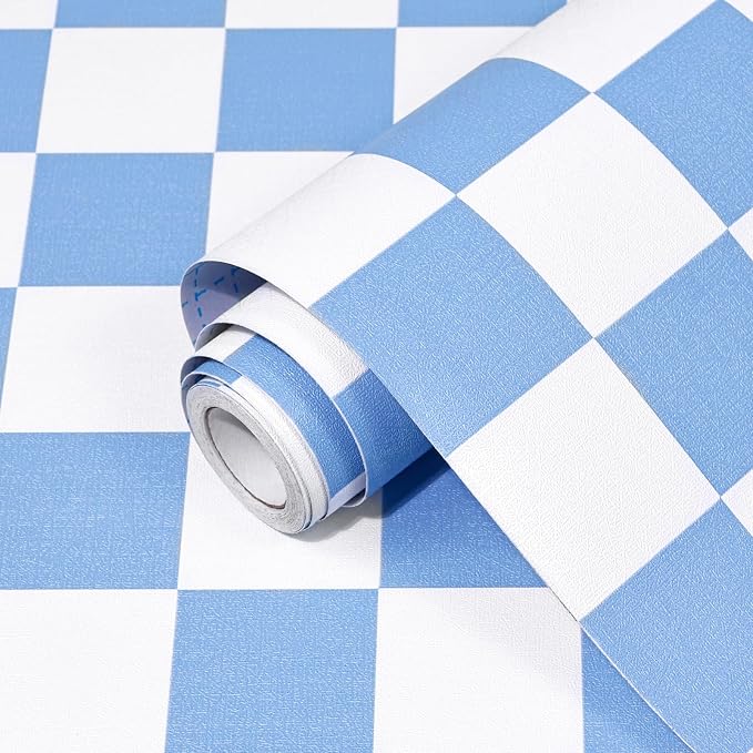 Blue and White Contact Paper Mosaic Checkered Peel and Stick Wallpaper 17.3"x300" Self Adhesive Waterproof Vinyl Roll for Bathroom Kitchen Backsplash Cabinets Shelf Liners Drawers by Qianglive