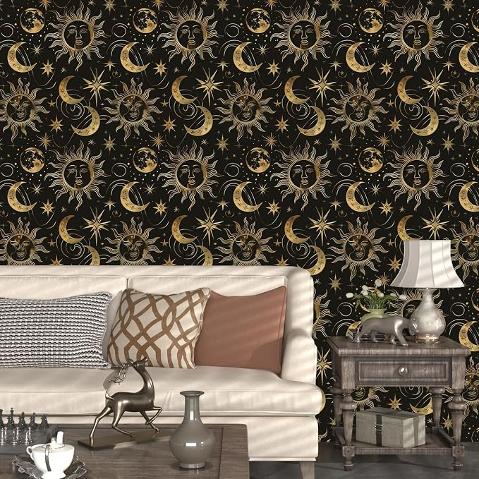 Laatse Celestial Sun Moon Wallpaper Peel and Stick 17.5"x 118",Black/Golden | Self Adhesive/Removable/Waterproof/Thick Vinyl Contact Paper for Bathroom Bedroom Shelf Cabinet Drawer,Prepasted,Easy Peel - Image 5