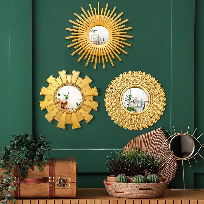 Fourluoo 3 Pack Gold Sunburst Wall Mirrors Decor, Sun Mirror Wall Decor - Image 2