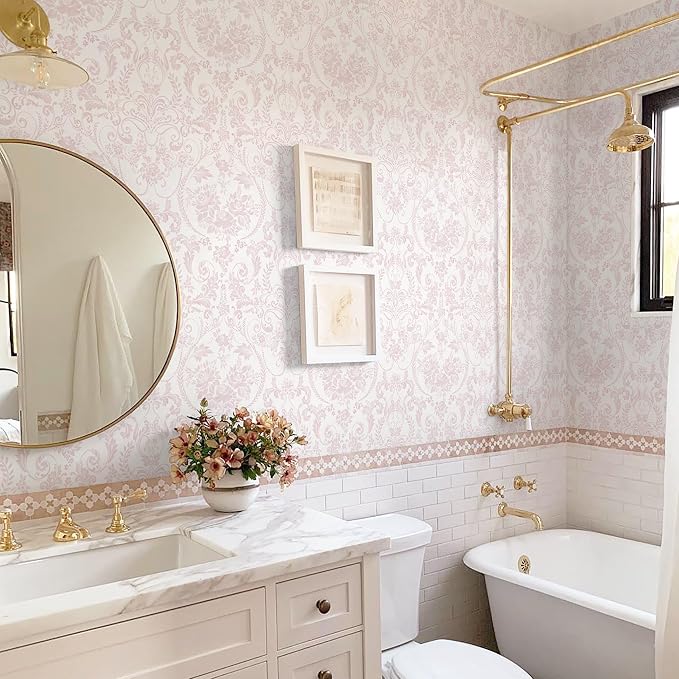 Ismoon Peel and Stick Wallpaper Pink Contact Paper 17.3in x 32.8ft Vintage Floral Wallpaper Boho Damask Removable Textured Wall Paper for Bedroom Bathroom Shelf Cabinet Décor - Image 3