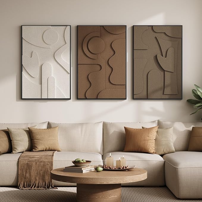 Large 3D Textured Framed Neutral Abstract Wall Art for Living Room, 3 Piece | Solid wood frames, sculptural relief forms, warm earth tones, ready to hang, big size 24x36 in, wall decor for bedroom office - Image 2