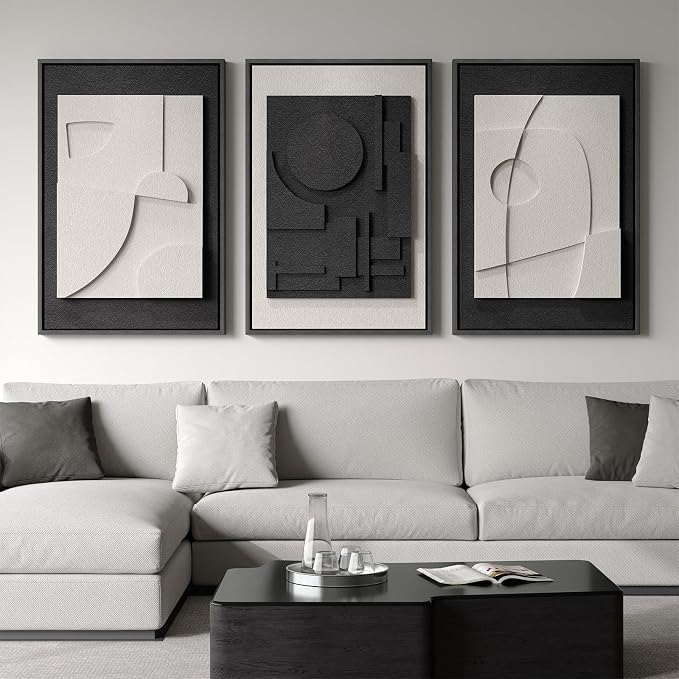 Large Framed Black and White Modern 3D Abstract Wall Art for Living Room | Solid wood frame, Textured paintings, 3 piece 24x36 big size artwork, Minimalist pictures wall decor for bedroom or office - Image 2