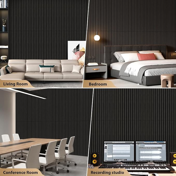 INMOZATA 8 Pack Peel and Stick Acoustic Wood Slat Wall Panels Matte Black | 3D Fluted Textured, Soundproof Accent Wall Paneling for Interior Wall Decor Fireplace Living Room Bedroom Office, 11.8"x23.6" - Image 6