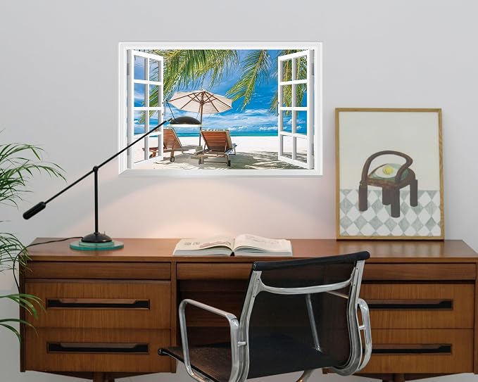 FLFK Fake Window Wall Decal - Ocean Beach Faux Window Wall Mural for Wall Decor, Peel and Stick Wall Sticker,24"x16" - Image 4