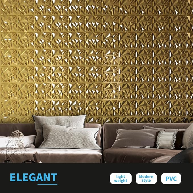 Art3d 33-Pack Modern Diamond Textured 3D Wall Panels, 12 x 12 in, Gold | Light PVC, Waterproof, Scratch Proof, Decorative Wall, Ideal for Home, Office & Commercial Spaces - Image 2