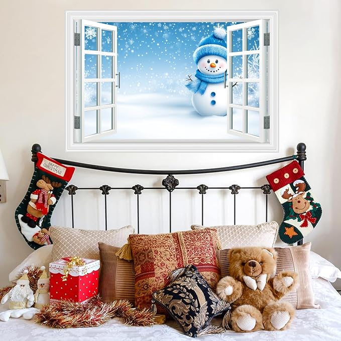 Fake Window Wall Decal- Winter Christmas Blue Snowman Snowflakes Sticker | ｜Faux Window Natural Scenery Landscape Mural ｜ Stick and Peel Wall Decal｜Room Bedroom Office Decor｜48"x32",Set of 2 Sheets - Image 9