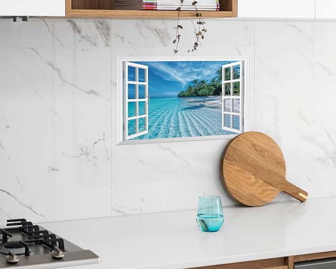FLFK Fake Window Wall Decal - Summer Beach Faux Window Wall Mural for Wall Decor, Peel and Stick Wall Sticker,24"x16" - Image 5
