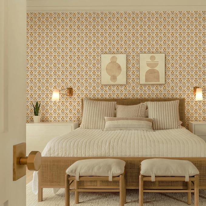 Dimoon 787.4"x17.3" Peel and Stick Wallpaper Floral Cute Contact Paper Vintage Village Country Cottage Wallpaper Farmhouse Yellow Beige Renter Friendly Geometry Waterproof Embossed Kitchen Bedroom - Image 5