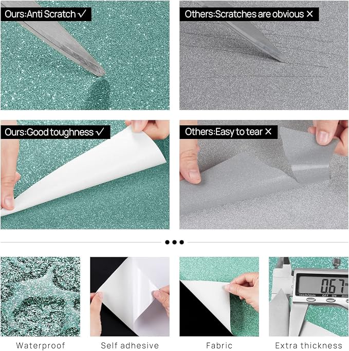 FunStick Light Teal Glitter Wallpaper Border Peel and Stick Wall Border Decor Self Adhesive Removable Teal Wallpaper Borders for Room Mirror Frame Border Trim Sparkle Glitter Contact Paper 3.9"x200" - Image 4