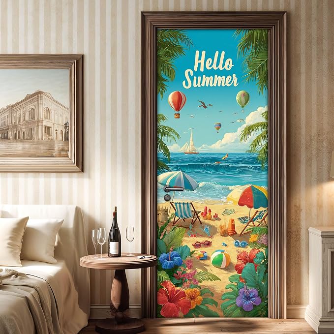 HOMETITUTE Hello Summer Beach Balloon Palm Peel Stick Door 30.3x78.7 PVC | Wall Cover Poster Decals Removable Wallpaper Self Adhesive Livingroom Bedroom - Summer Beach - Image 6